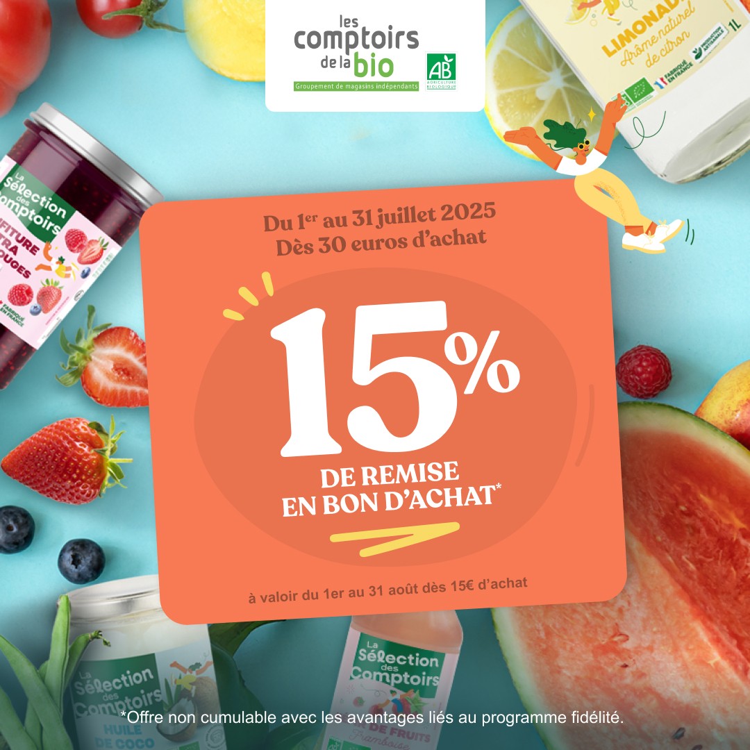 15% de remise en Bon d’achat Les Comptoirs de la bio