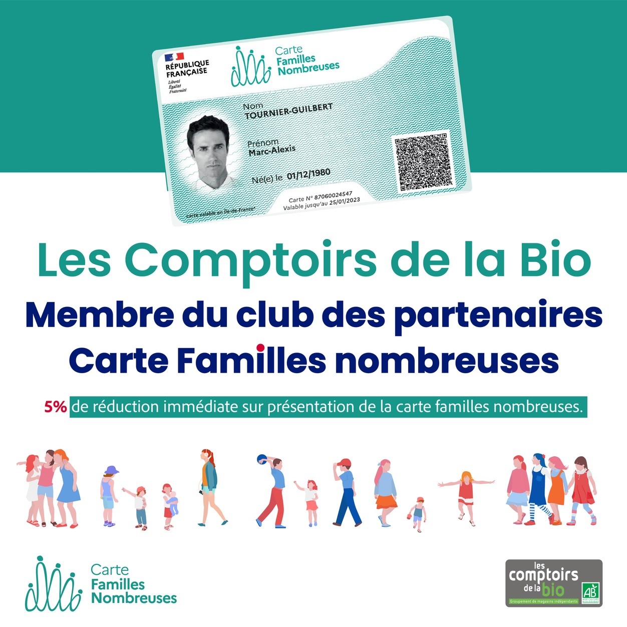 Membre du club des partenaires Carte Familles Nombreuses Les Comptoirs de la bio